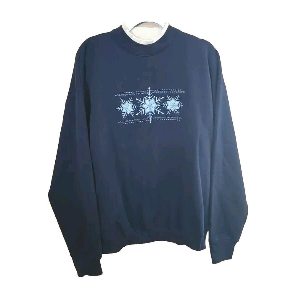 VTG Fruit of the Loom Navy Blue Snowflakes Pullover Sweatshirt Womans Size XL